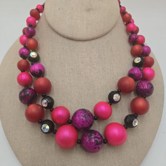 Vintage 2 Strand Black Hot Pink Lucite Beads 16” Hook Clasp Ab Rhinestone - Picture 1 of 5